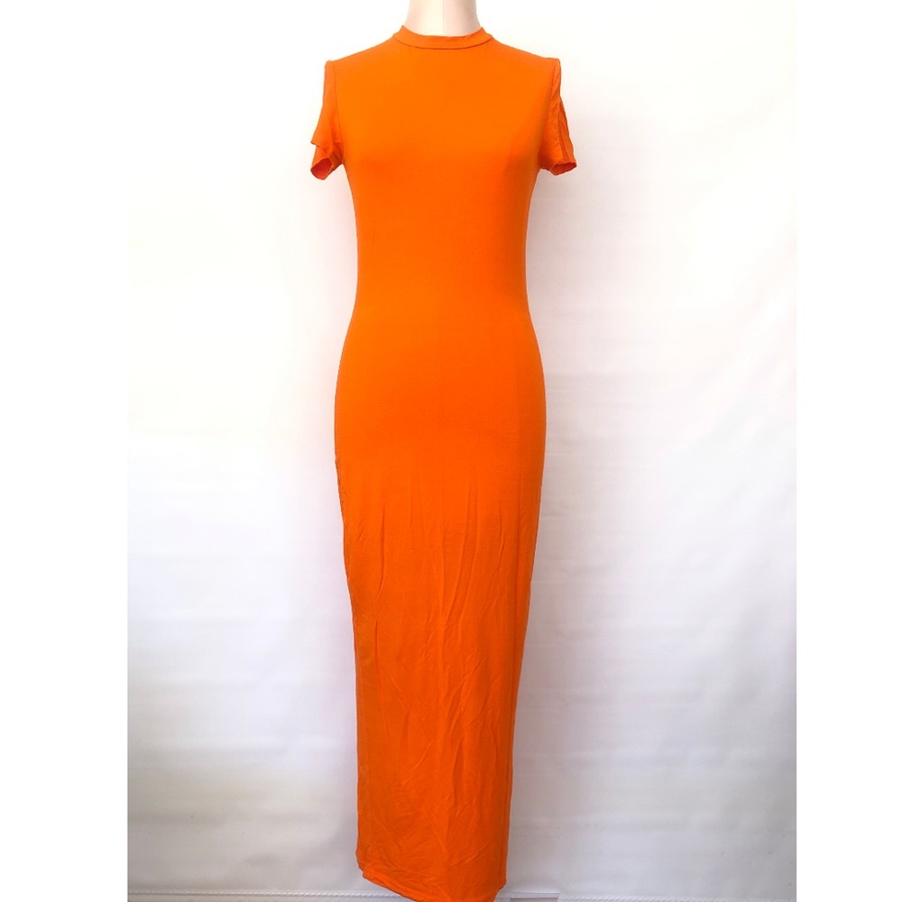 Orange Jersey Bodycon M Maxi T-Shirt Dress Fitted Stretch Summer Minimalist